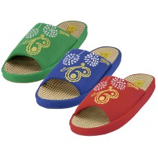 W5190-A - Wholesale Women Cloth Open Toe Flower Embroidery Upper House Slippers (\*Asst. Navy. Green And Red)